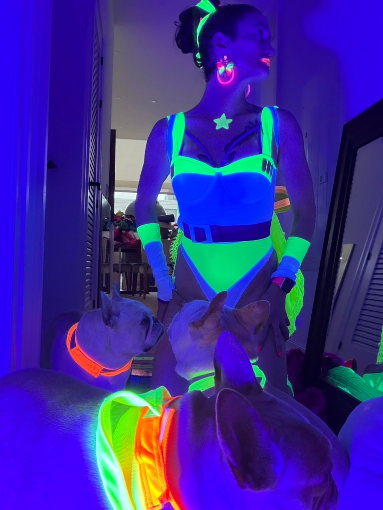 WittyKitty neon outfit with glowing dogs